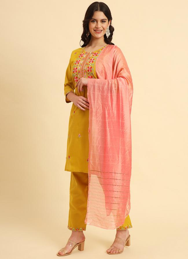 Cotton Mustard Daily Wear Thread Work Readymade Kurti Set